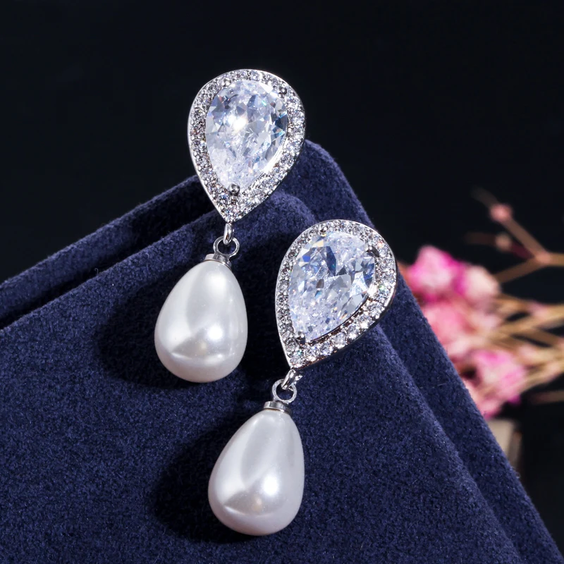 CWWZircons Brilliant Quality Cute Water Drop Cubic Zirconia Dangling Pearl Necklace Earrings Jewelry Sets for Women T156