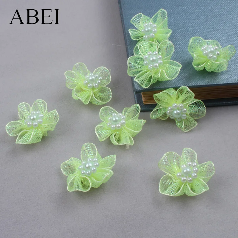 30pcs 3cm Mesh Pearl Beads Flowers DIY Shoes Hats Clothes Jewelry Decorative flowers Silk Rose Wedding Party Decoration