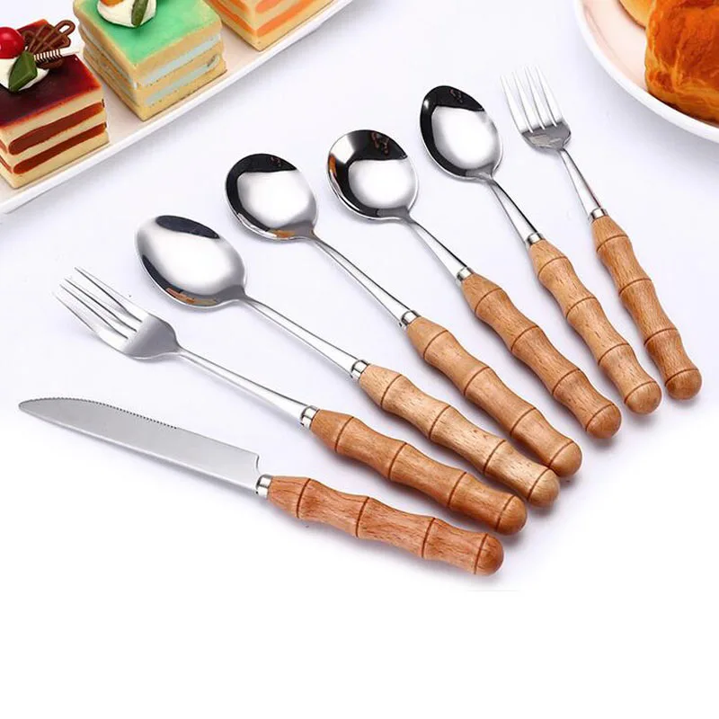 

100pcs Bamboo Joint Wood Handle Stainless Steel Soup Scoop Dinnerware Sets Kitchen Tableware Party Catering ZA5531