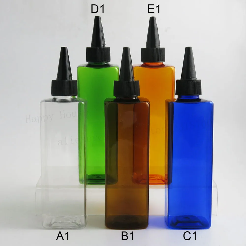 24 x 240ml 240cc Amber Blue Green Orange Clear Empty Square Shampoo PET Bottles Refillable Containers With Spout Caps