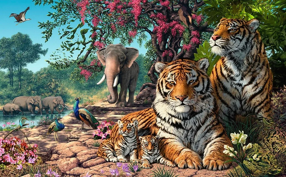 7x5F Safari Jungles Asian Grassland Tigers Elephants Peacock Zoo Custom Photo Studio Backdrop Background Vinyl 220cm x 150cm