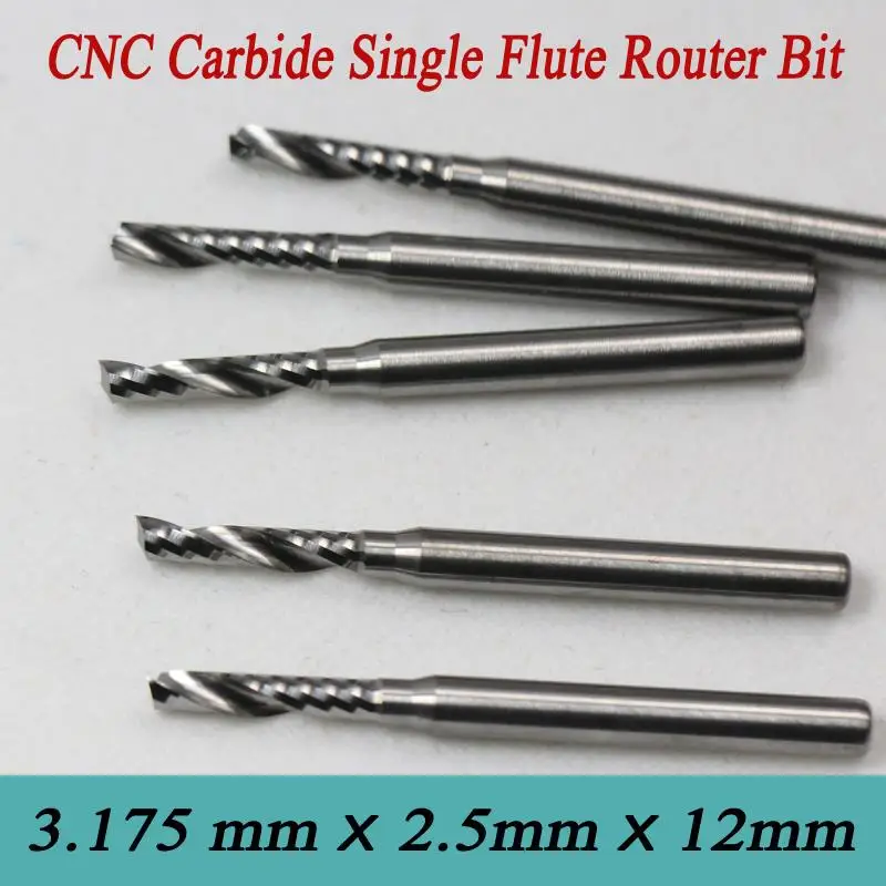 High Precision Grind!High Quality! 5pcs 3.175*2.5*12mm One Flute Spiral CNC Router Bits Soild Carbide One Spiral Flute Bit