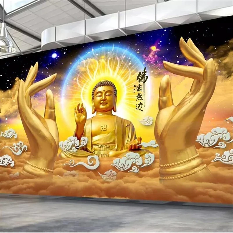 Wellyu Dharma يوم لا حدود له، ستيريو يدوي بوذا ذهبي ثلاثي الأبعاد عالي الدقة لوحة جدارية كبيرة مخصصة ورق حائط أخضر