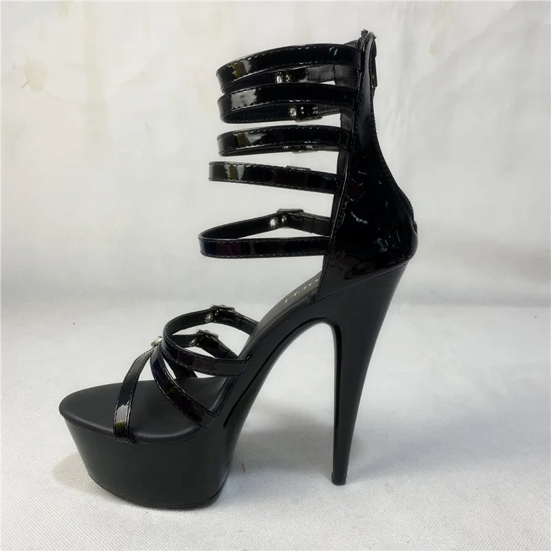 Black buckled summer heels, 15-centimeter pole dancing sandals, 6-inch dancer nightclub runway sandals