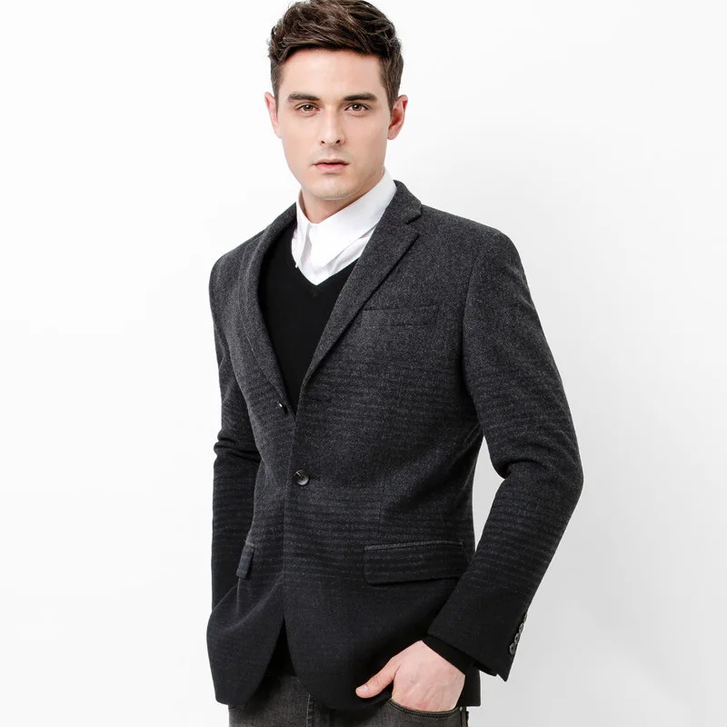 

50% Wool High Quality New Spring Autumn Men Jackets Slim Fit Deep Grey Gradient Warm Suits Blazers Pocket Casual Business Coat