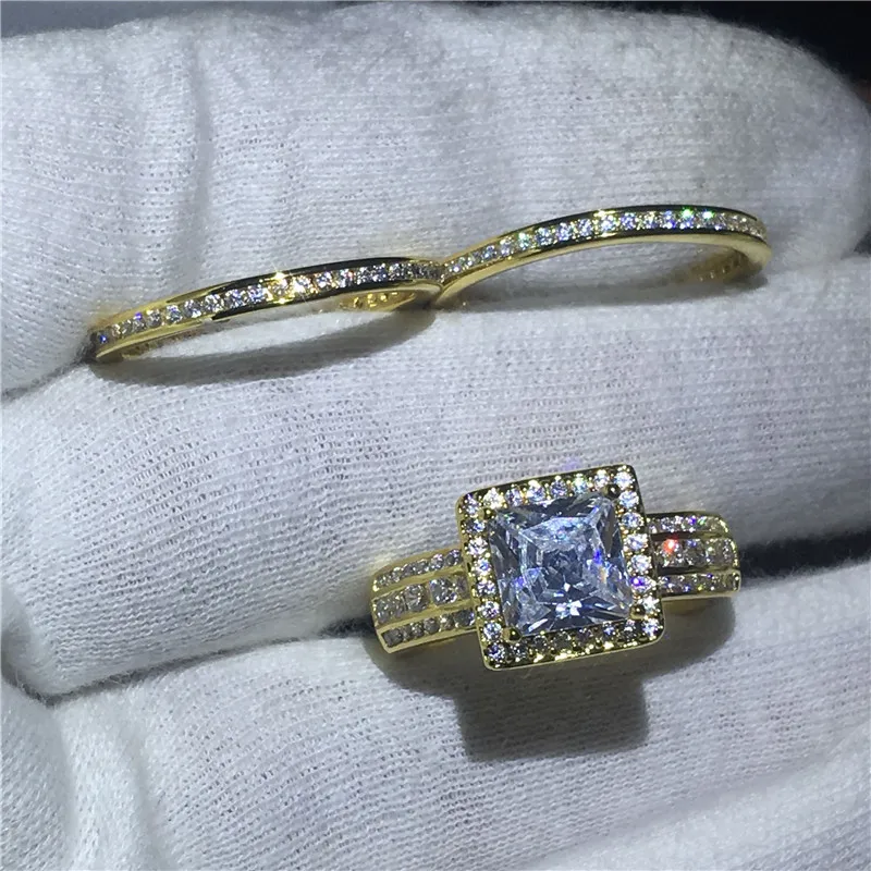 Vecalon Princess cut 3-in-1 ring set Yellow Gold Filled 925 Silver 5A Zircon Cz Engagement wedding Band rings for women Men Gift