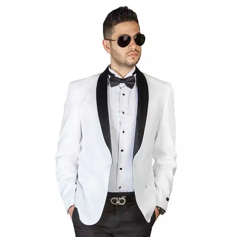 

Gentle White Groom Wedding Tuxedos Men Suits Black Shawl Lapel 2Piece Coat And Pants Slim Fit Terno Masculino Costume Homme