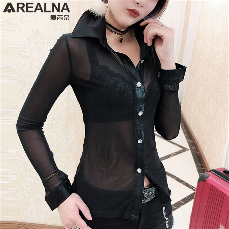 Sexy Mesh Transparent Summer Blouse Women 2022 Kimono Cardigan Long Sleeve Slim Button Up Shirt Nightclub See Through Sheer Tops