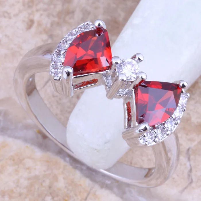 Prominent Red Garnet White CZ Silver Plated  Ring Size 6 / 7 / 8 / 9 / 10 R1535