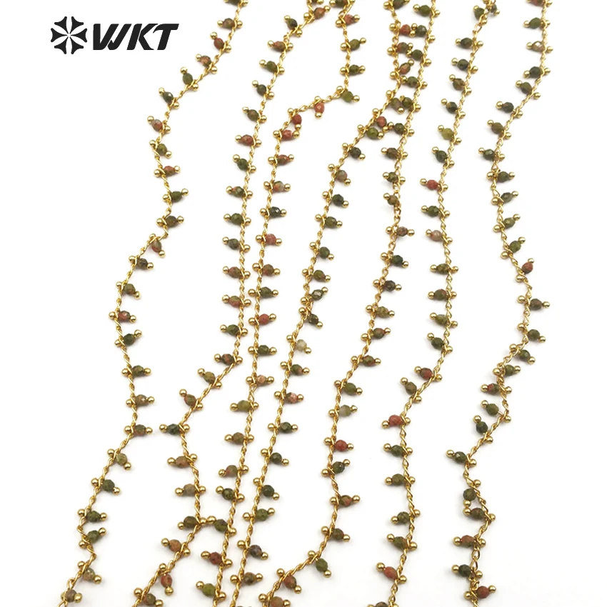 WT-RBC088 WKT New bean green granite stone with brass rosary chain multi-purpose jewelry making necklace bracelet jewelry chain