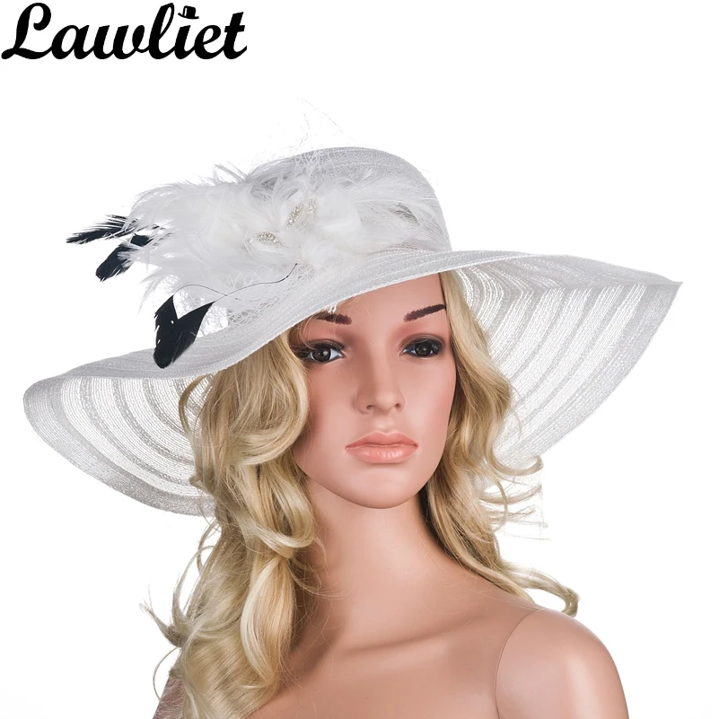 Lawliet Women Dress Hats Church Wedding Kentucky Derby Wide Brim Feather Veil Sun Hat Female Floppy Hats for Summer A265