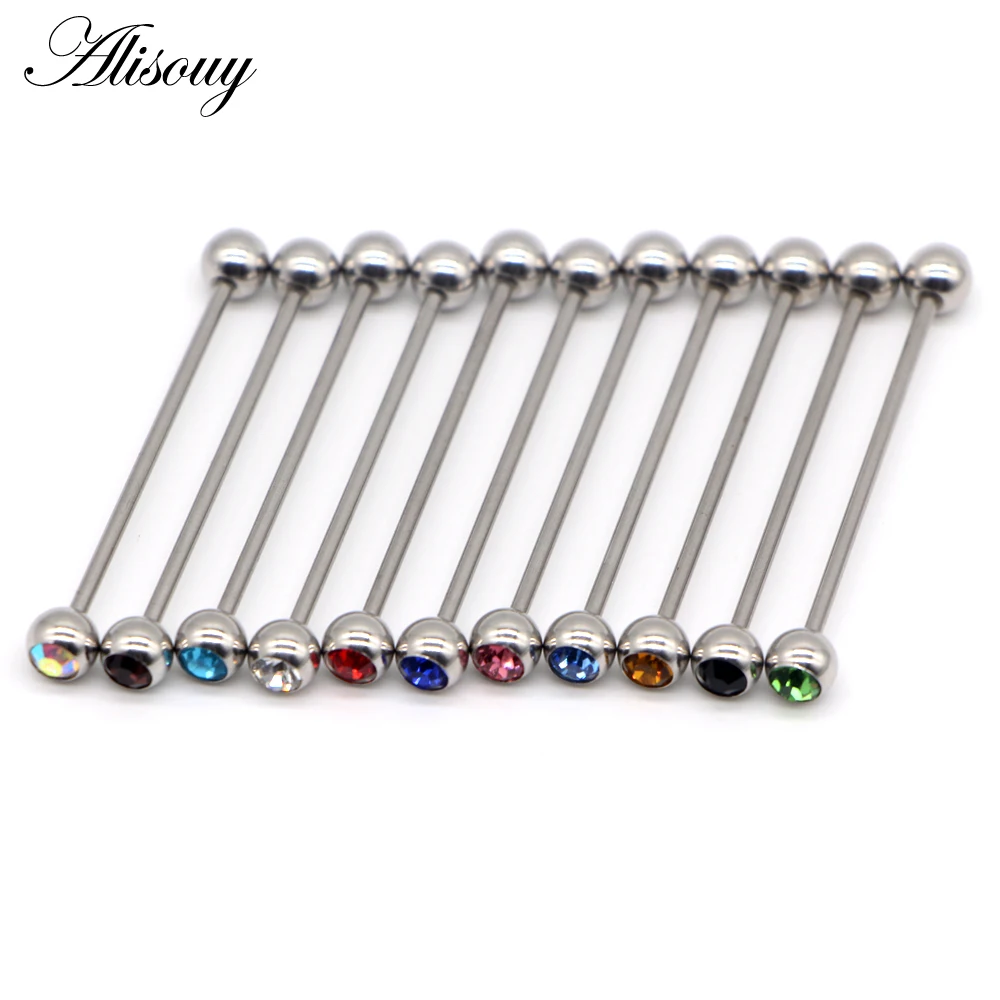 Alisouy 1pc Stainless Steel Double Zircon Crystal Ball Straight Ear Industrial Project Bar Barbell Body Piercing Jewelry