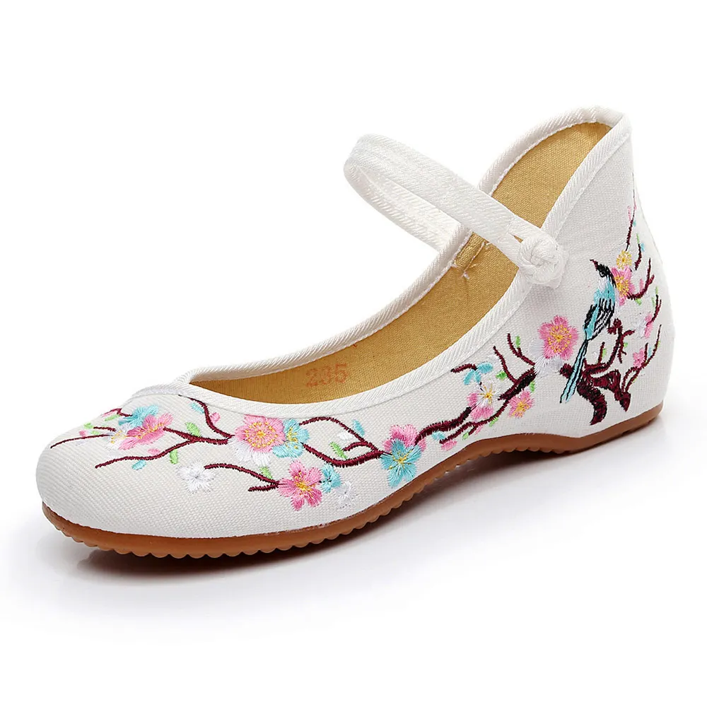 Veowalk Chinese Birds And Flower Embroidered Women Canvas Ballet Flats Vintage Ladies Round Toe Soft Cotton Dance Walking Shoes