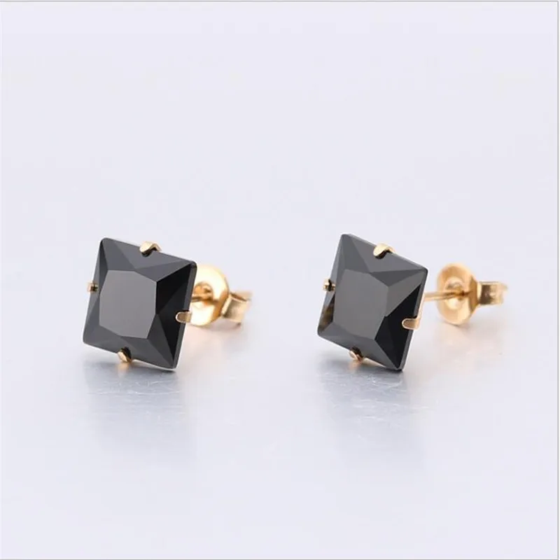 Size From 3mm To 8mm 316 L Stainless Steel With Square Black Zircons Stud Earrings For Men And Women