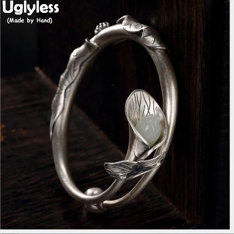 

Uglyless Real Solid 990 Pure Silver Handmade Lotus Leaf Bangles for Women Ethnic Natural Jade Flower Bracelets Open Fine Jewelry