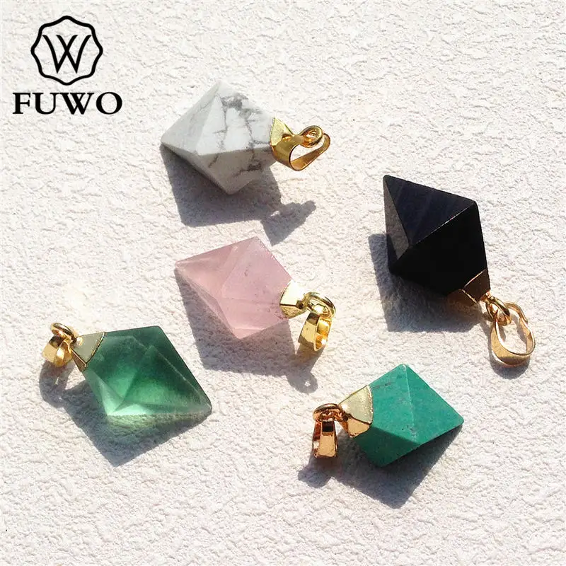 FUWO Wholesale Natural Stone Pyramid Pendant,Golden Plated Semi-precious Stone Point Charm For Jewelry Making 5Pccs/Lot PD106