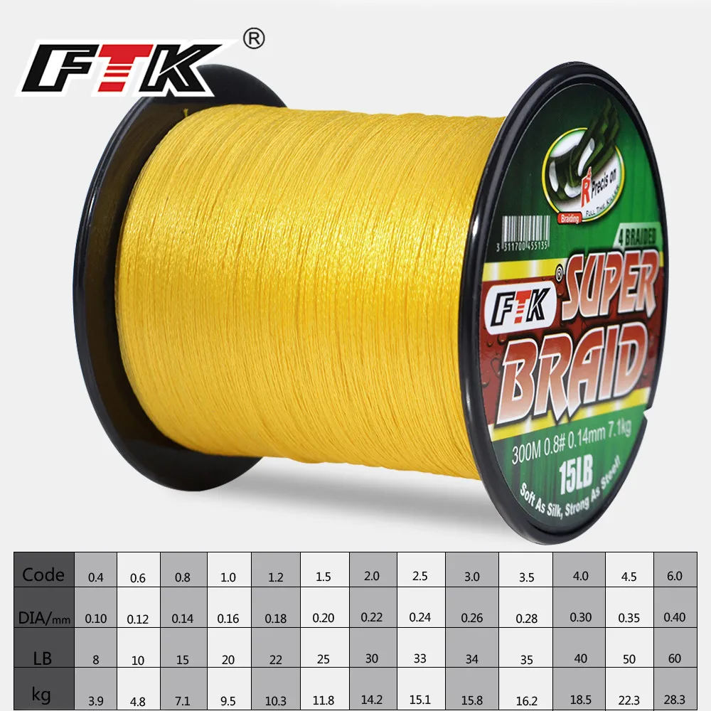 FTK Braided Wire 300M PE Braided Fishing Line 0.4-6.0 Code 4 Strands 8LB 10LB 20LB 60LB PE Braided Multifilament Fishing Line