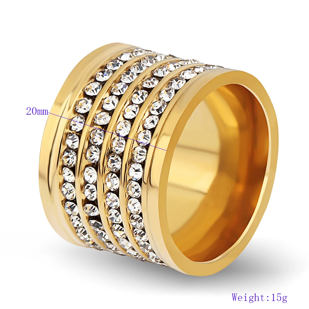 Shining Full 4 Row Crystal rhinestone jewelry accessories rings Gold Color Stainless Steel Couple Wedding rings for men and Wome