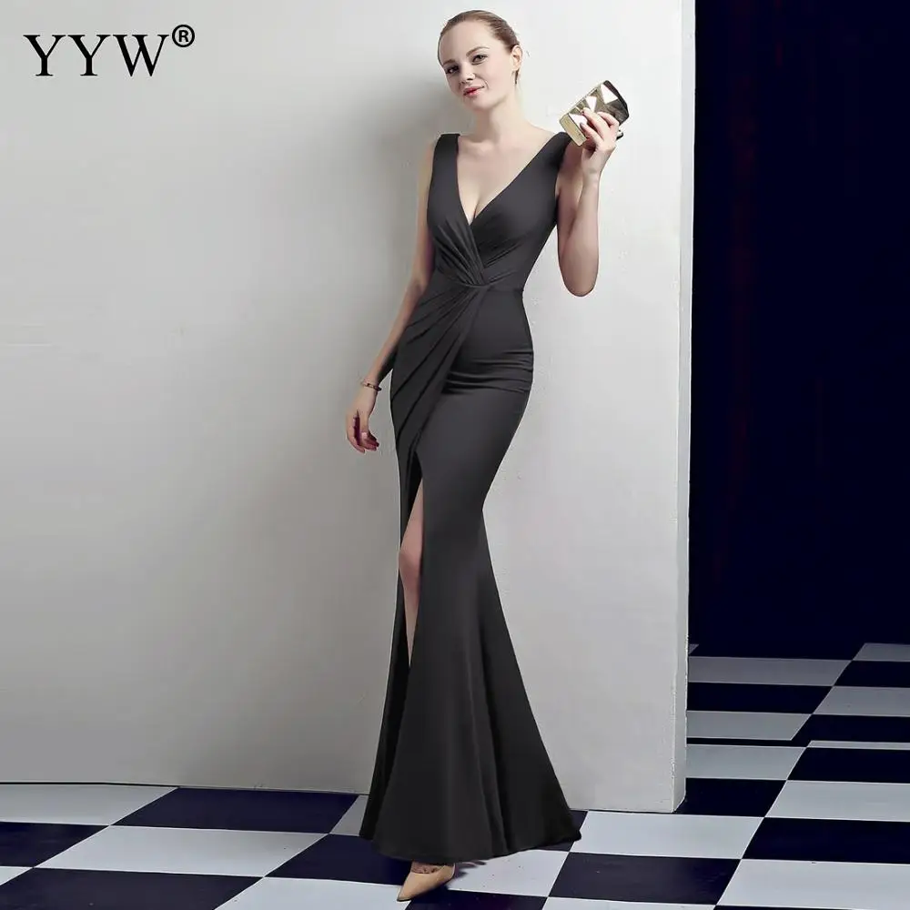 Sexy Deep V Neck Long Evening Dress Women High Slit Backless Long Club Party Vestidos Solid Summer Bodycon Mermaid Prom Dresses