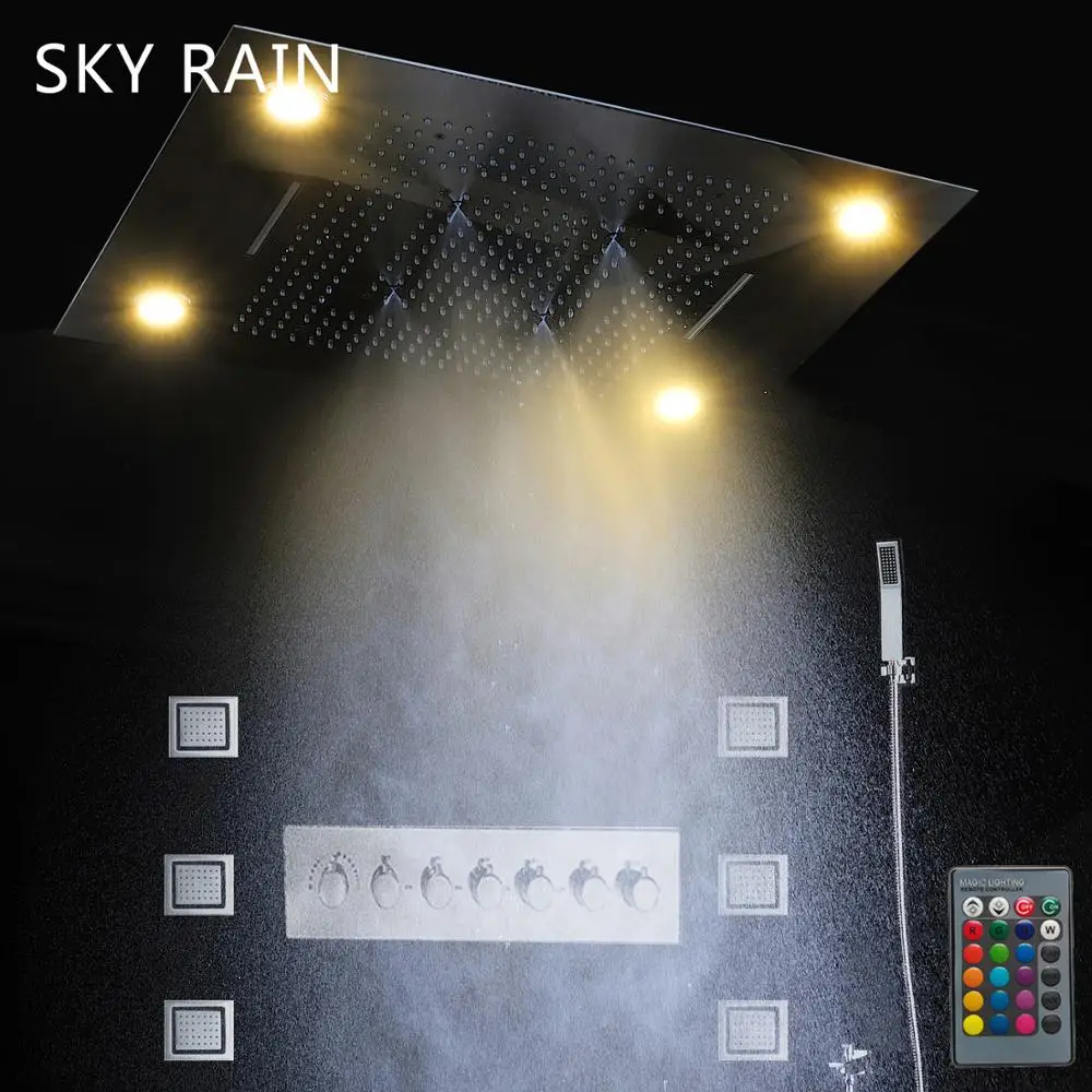 32x24inch 80x60cm RGB LED Shower Head Spa Massage Mix Mode Rain Waterfall Mist Wall Jets Thermostatic Mixer Faucet Tap Set