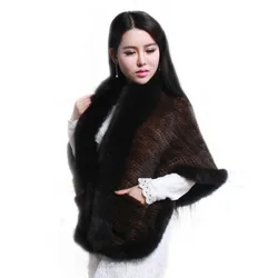 New real Fox Fur Coat Mink knitted shawl Fashion simple woman mink knit shawl