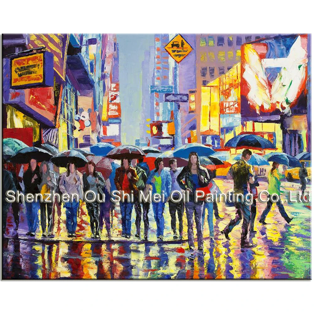 

Hand painted Knife Landscape Painting on Canvas Busy Morning Street New York Scenery Paintings Room Wall Decor Cross Road Art