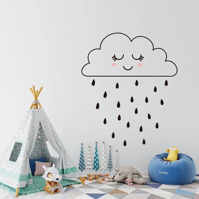 Cloud Girl Raining Wall Sticker Kids Children's Room Decor Bedroom Home Decoration Mural Self-adhesive Decals Cute Wallpaper