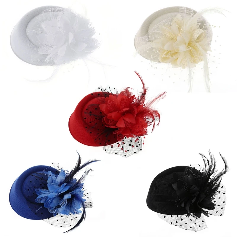 Hot New 1 Pc Girls Fascinator Hats Headband Women's Feather Flower Brides Hair Accessories Wedding 5 Colors Fashion High Quality