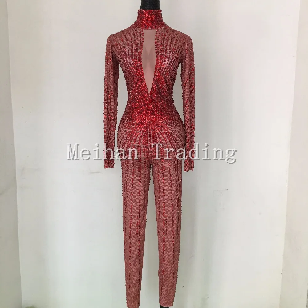 Mode Sexy Rote Kristalle Body Nachtclub Zeigen RomperStage Dance Tragen Strass Overall Kostüm Sängerin Tragen