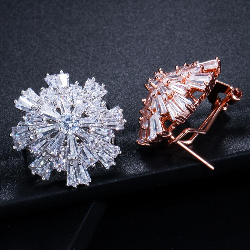 CWWZircons Luxury Cubic Zirconia Jewelry Rose Gold Color Large Sparkling Snowflake Big Zircon Crystal Earrings for Girls CZ137