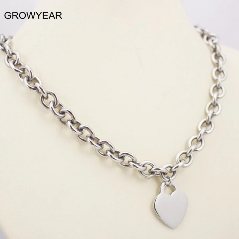 Logo Classic Plain Silvery color Heart Charm Chain Necklace Stainless Steel Women Jewelry High Quality