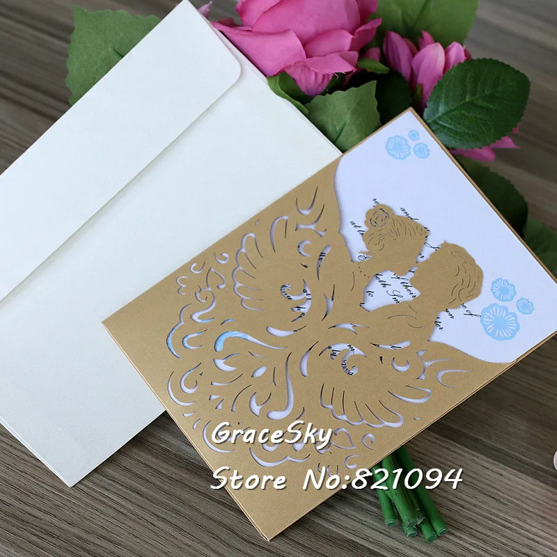 50pcs Free Shipping laser cut gold 24colors hollow Bride&Groom desgin pocket style Paper Wedding Invitations Cards RSVP cards