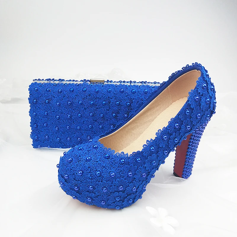 BaoYaFang Fashion Thick Heel Royal Blue Flower Wedding shoes for woman High heel platform shoes with matching bags