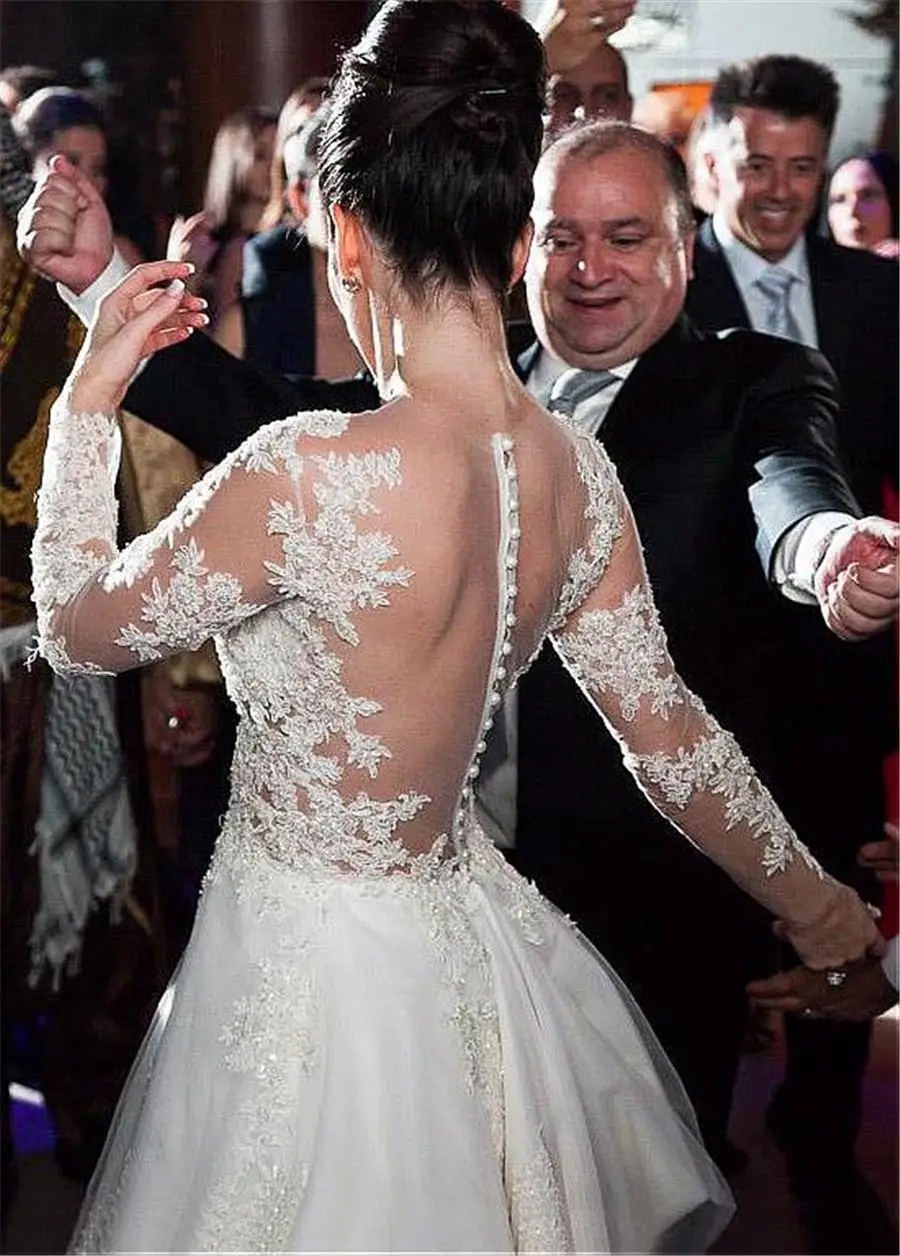 2021 elegante abito da sposa a trapezio con scollo gioiello in Tulle con applicazioni in pizzo con perline vedi attraverso abiti da sposa a maniche lunghe