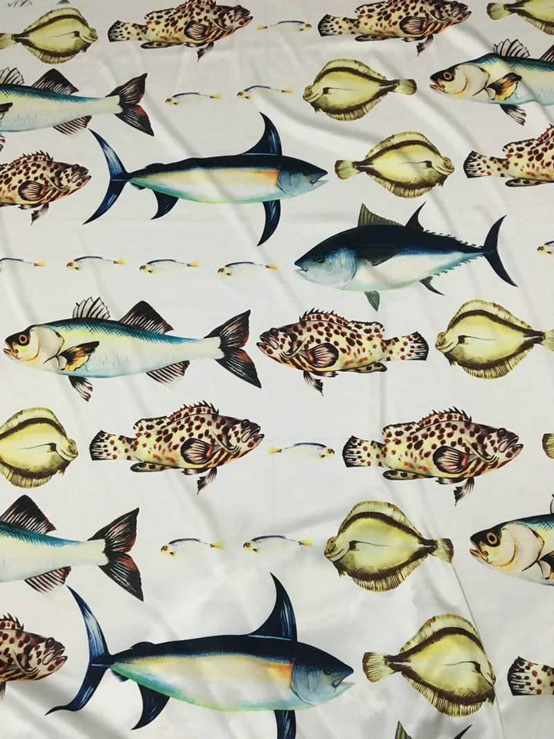 Europe and America Deep Sea Fish Printed Imitate Silk Satin Fabric  For Woman Dress Blouse Pants Pajamas DIY Cloth Sewing