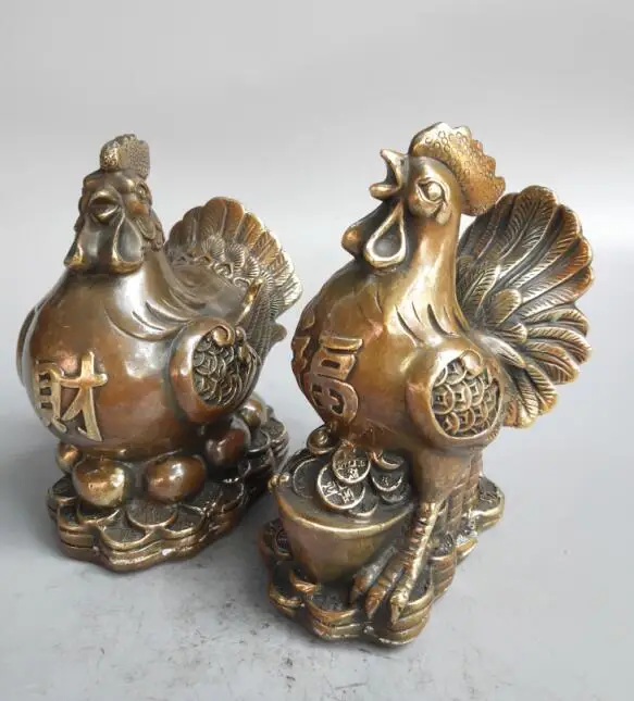 

Chinese archaize brass cock and hen wealth statue A pair