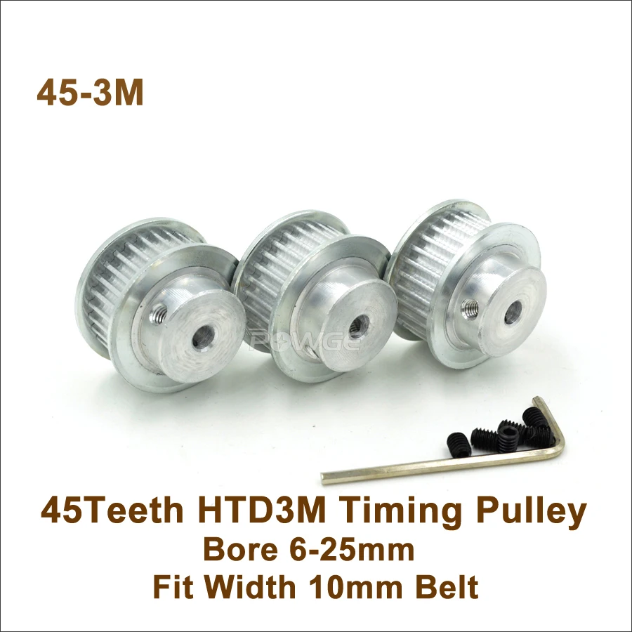 POWGE 45 Teeth 3M Timing Pulley Bore 6/8/10/12/14/15/16/19/20/25mm Fit W=10mm 3M Belt 45T 45Teeth HTD 3M Pulley CNC Engraving