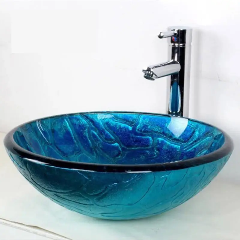 New Glass Washbasin Washroom Simple And Fashionable Various Bathroom Basins tempered glass sink blue color