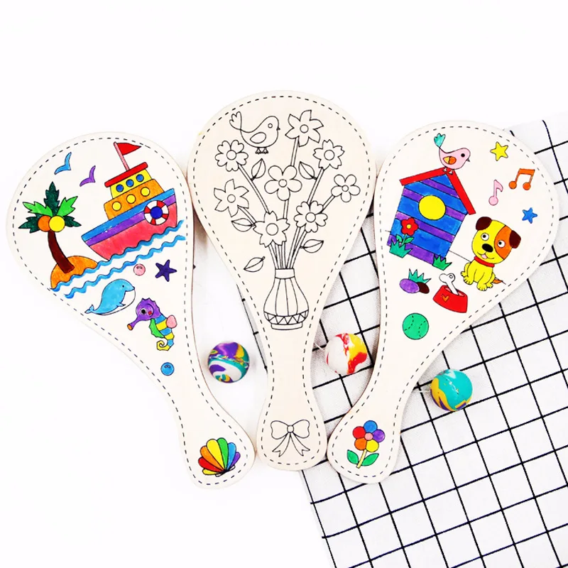 Random style white blank wooden racket with ball DIY craft toy cartoon drawing graffiti Kindergarten kids hand-made toys