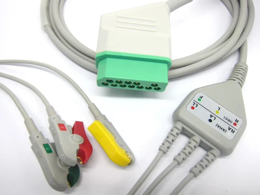 ecg cable with 3leads Clip and 12pin square connector for Nihon kohden BSM-5100 paitent monitor