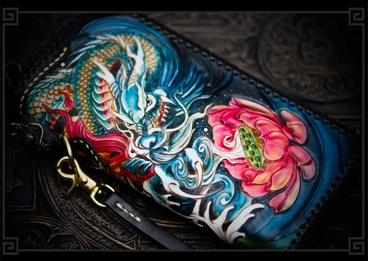 Knitting style Handmade carving Fish Loong Women Wallets Card Holder Purses Men Clutch Vegetable Tanned Leather Beautiful Gift