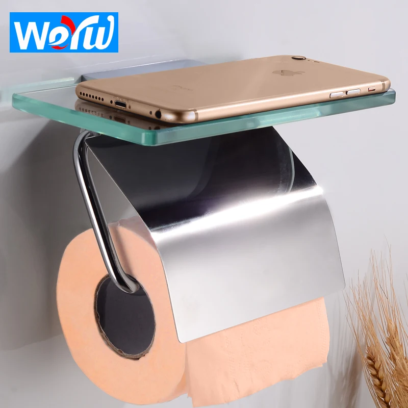 Toilet Paper Holder with Shelf Cover Brass Glass Bathroom Roll Paper Holder Wall Mounted Decorative Paper Towel Holders Creative