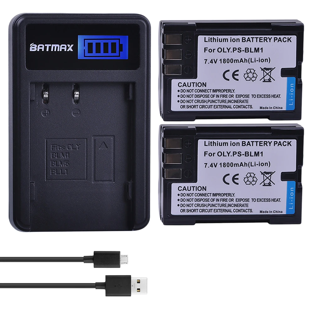 2Pcs 1800mAh BLM-1 BLM1 Battery Accu + LCD USB Charger for Olympus C-5060 C-7070 C-8080 E-30 E-300 E-330 E-500 E-510 E-520