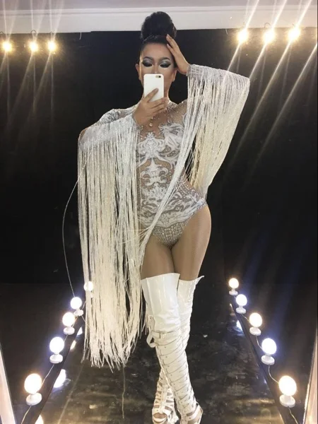 Female Crystals tassels Bodysuit sexy Bright crystal fish scale Jumpsuit singer dancer nightclub Stag Party costumes Bar DJ show