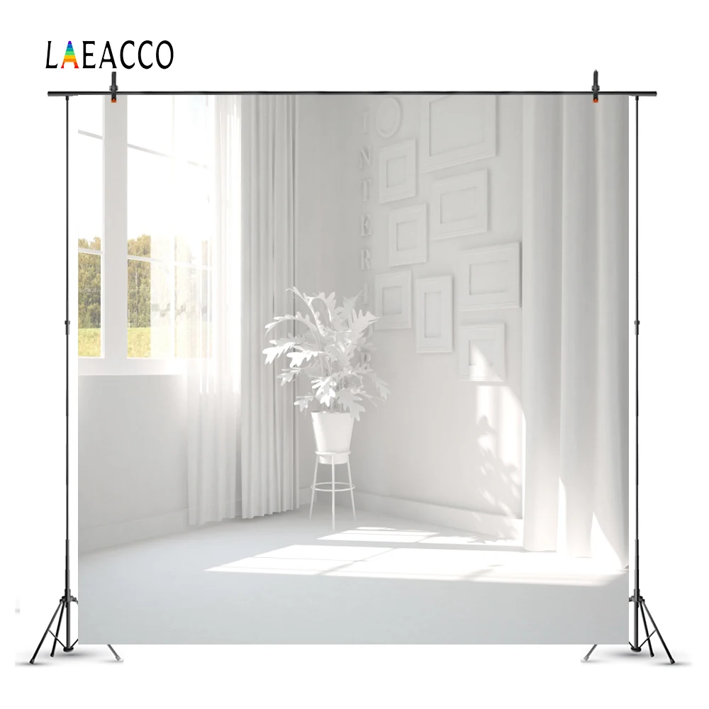 Laeacco White Chic House Window Curtain Sunshine Plants Baby Doll Portrait Photography Backdrops Photo Backgrounds Photo Studio