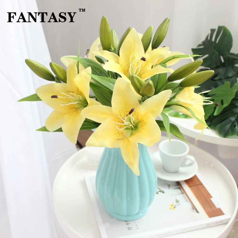 Yellow Lilies Artificial Flowers Real Touch White Flower Decoration Wedding Fake Lily Branch 4 Heads Red Marriage Wreath