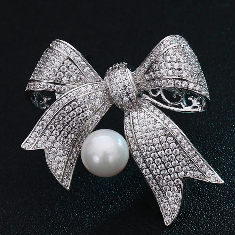 

Nice Bow Cubic Brooches Bridal Jewelry rhodium silver Copper Wedding Pearl Scarf Pins Best Men Brooch Accessory Bags Bijoux