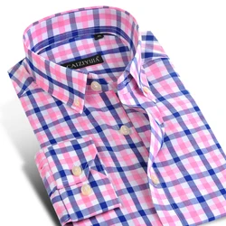 Camisas de algodão xadrez de manga longa masculina, com botão baixo, conforto, macia, slim fit, camisa casual xadrez, moda