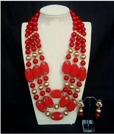 

2017 Red African Beads Jewelry Set Wedding Elegant Gold Statement Necklace Earrings Set Bridesmaid Gift Lady Jewelry Set ABH543