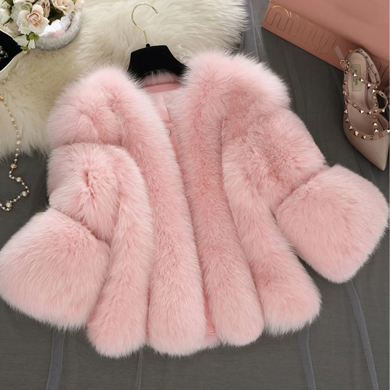 Winter fur coat splicing seven-point sleeve casual Korean large size faux fur coat short women faux fox fur coat